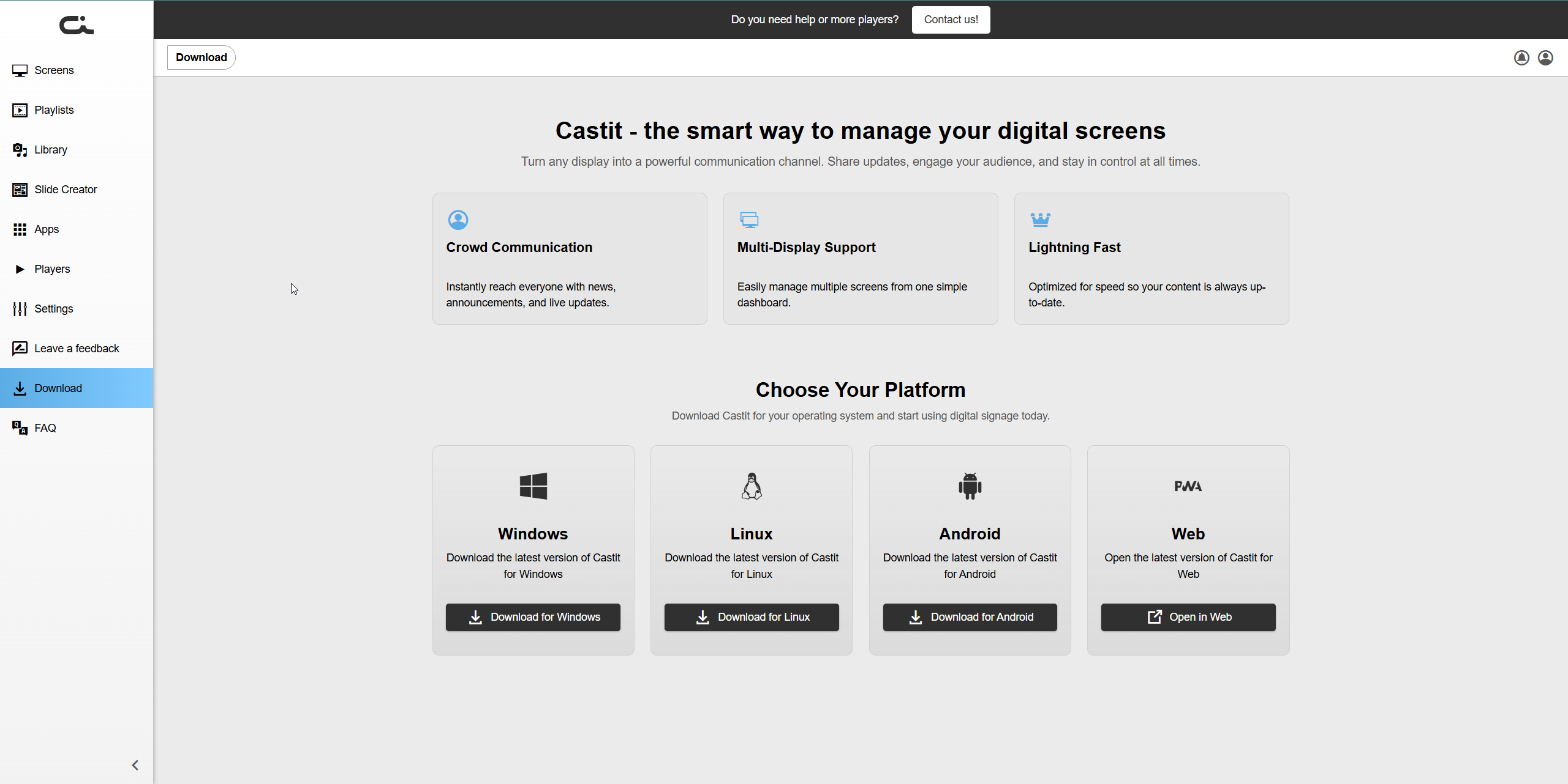 Download page showing platform options