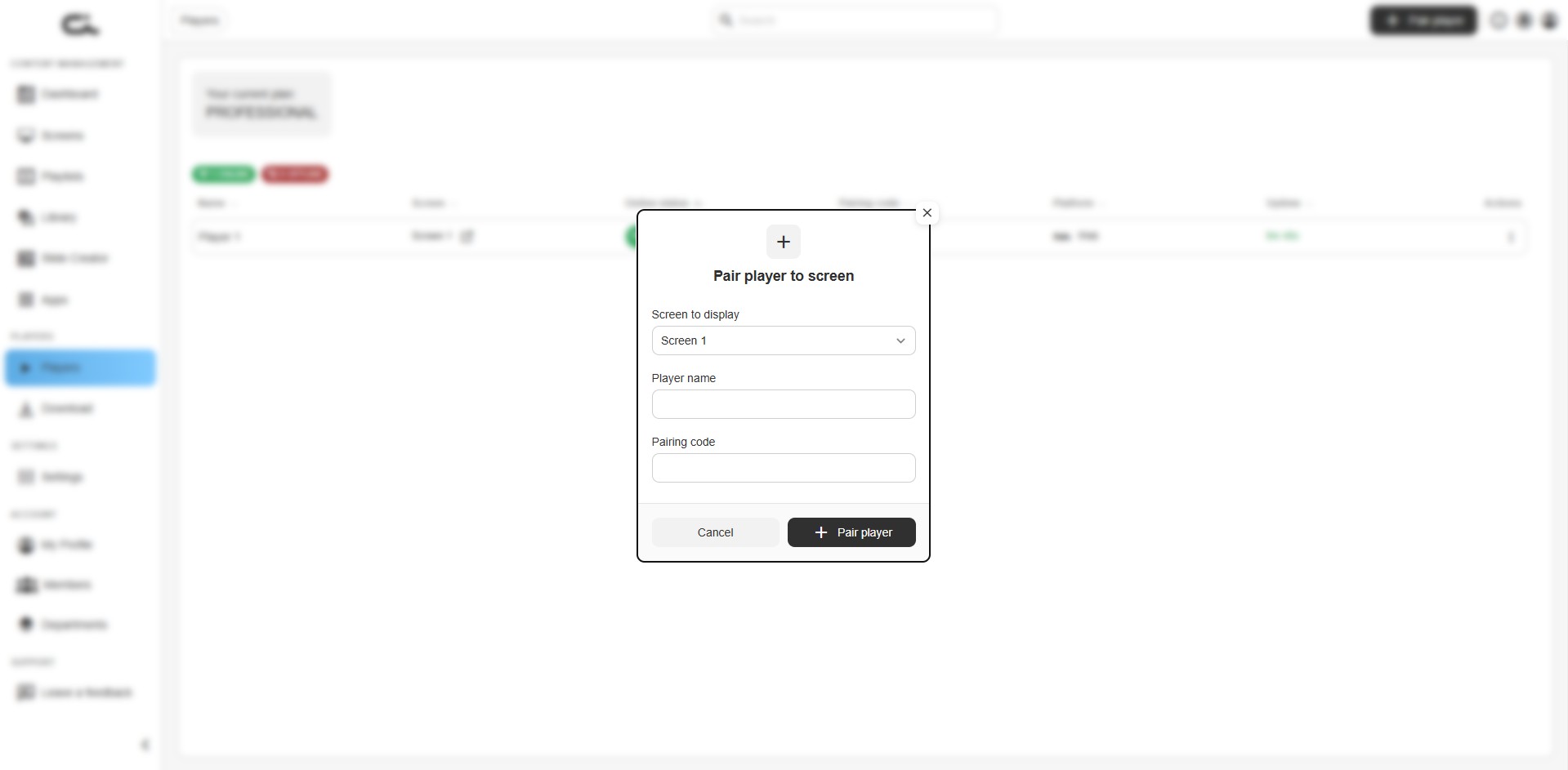 Pair Player to Screen Dialog