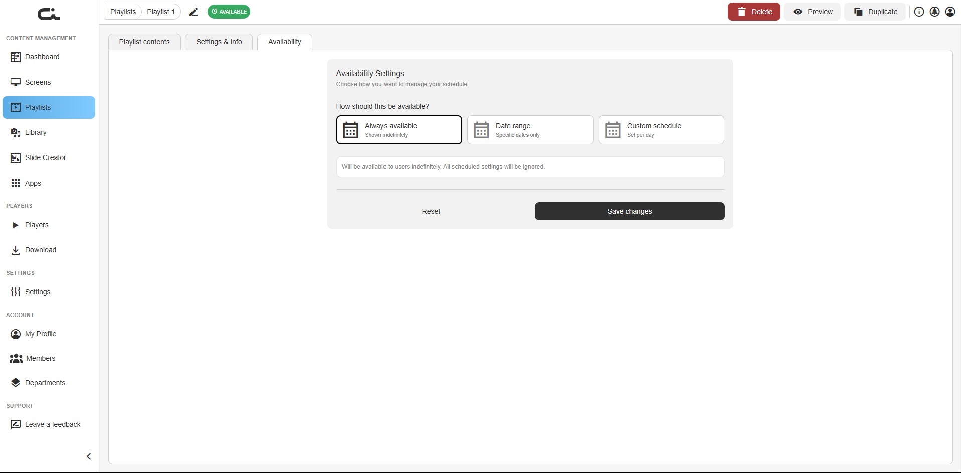Availability tab