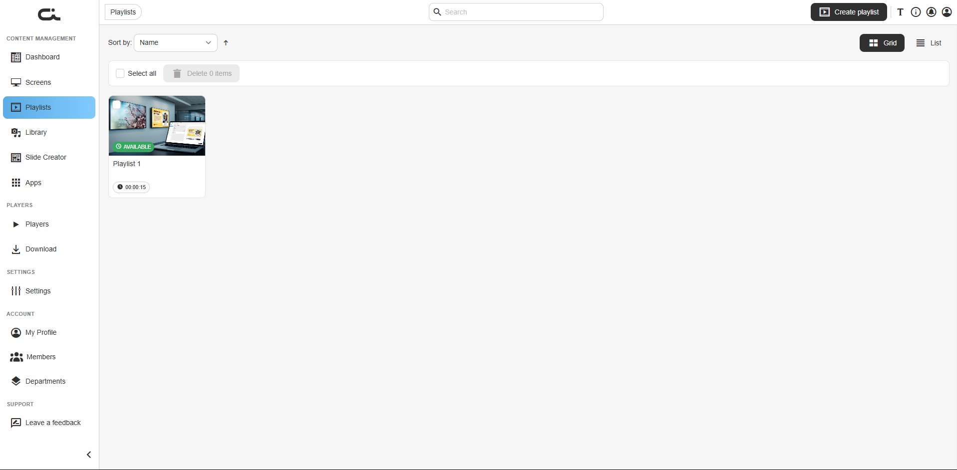 Playlists list view with one playlist