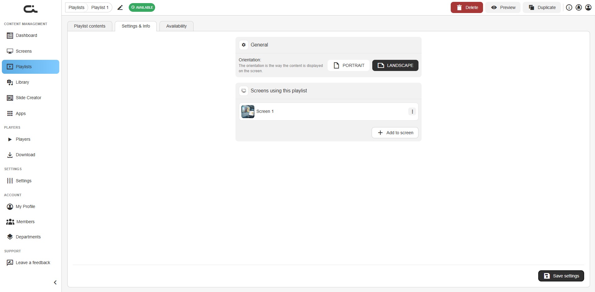 Settings & Info tab