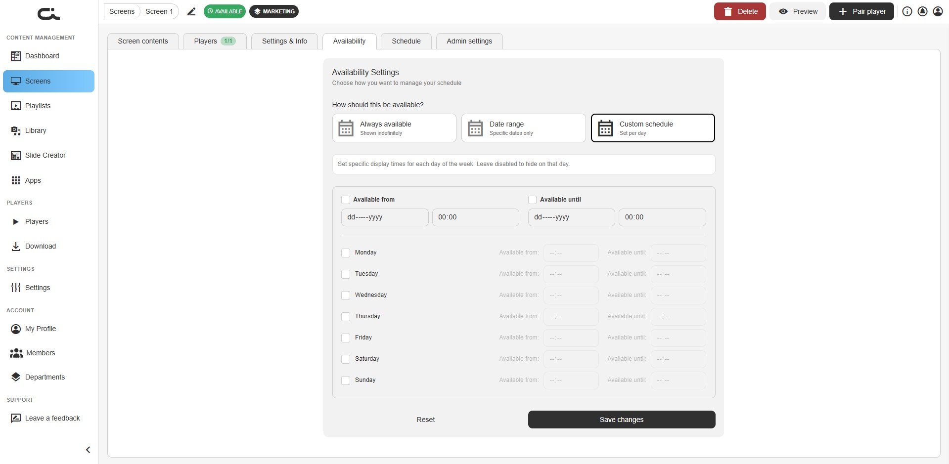 Availability — Custom schedule