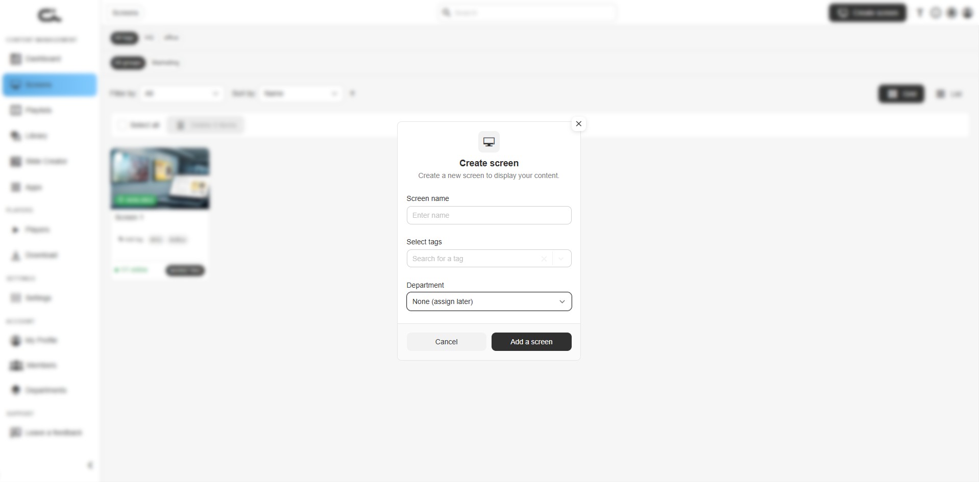 Create screen dialog