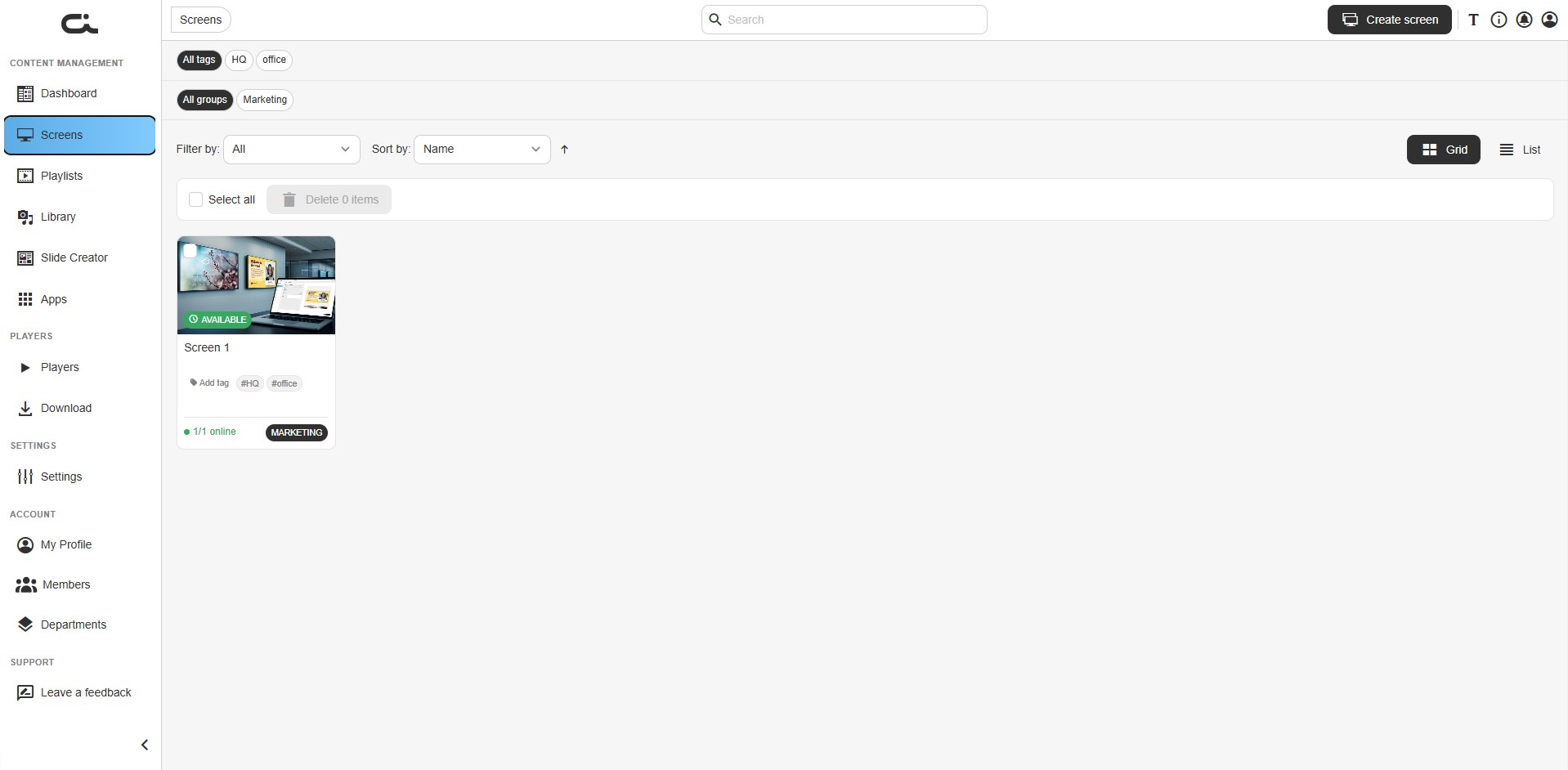 Screens page with a screen