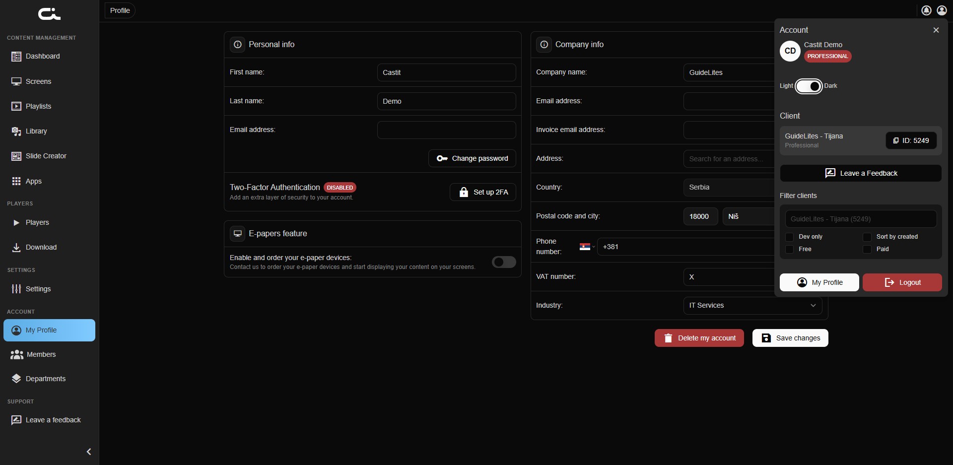 Account menu opened from the profile icon, showing the Light/Dark theme toggle in Dark mode
