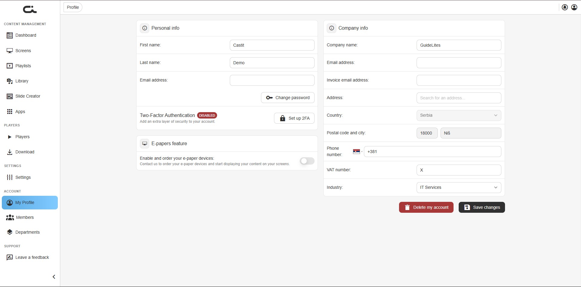 My Profile page with personal info, two-factor authentication, e-papers, and company info