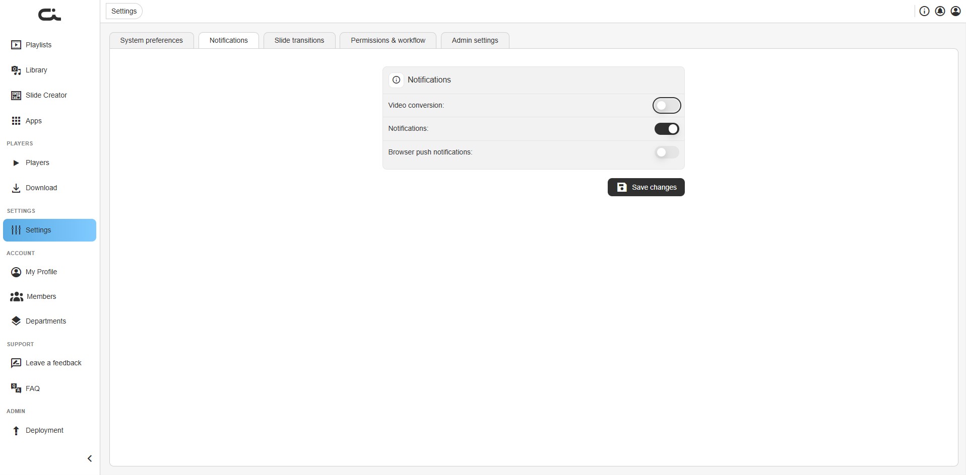 Notifications tab with video conversion and notification toggles