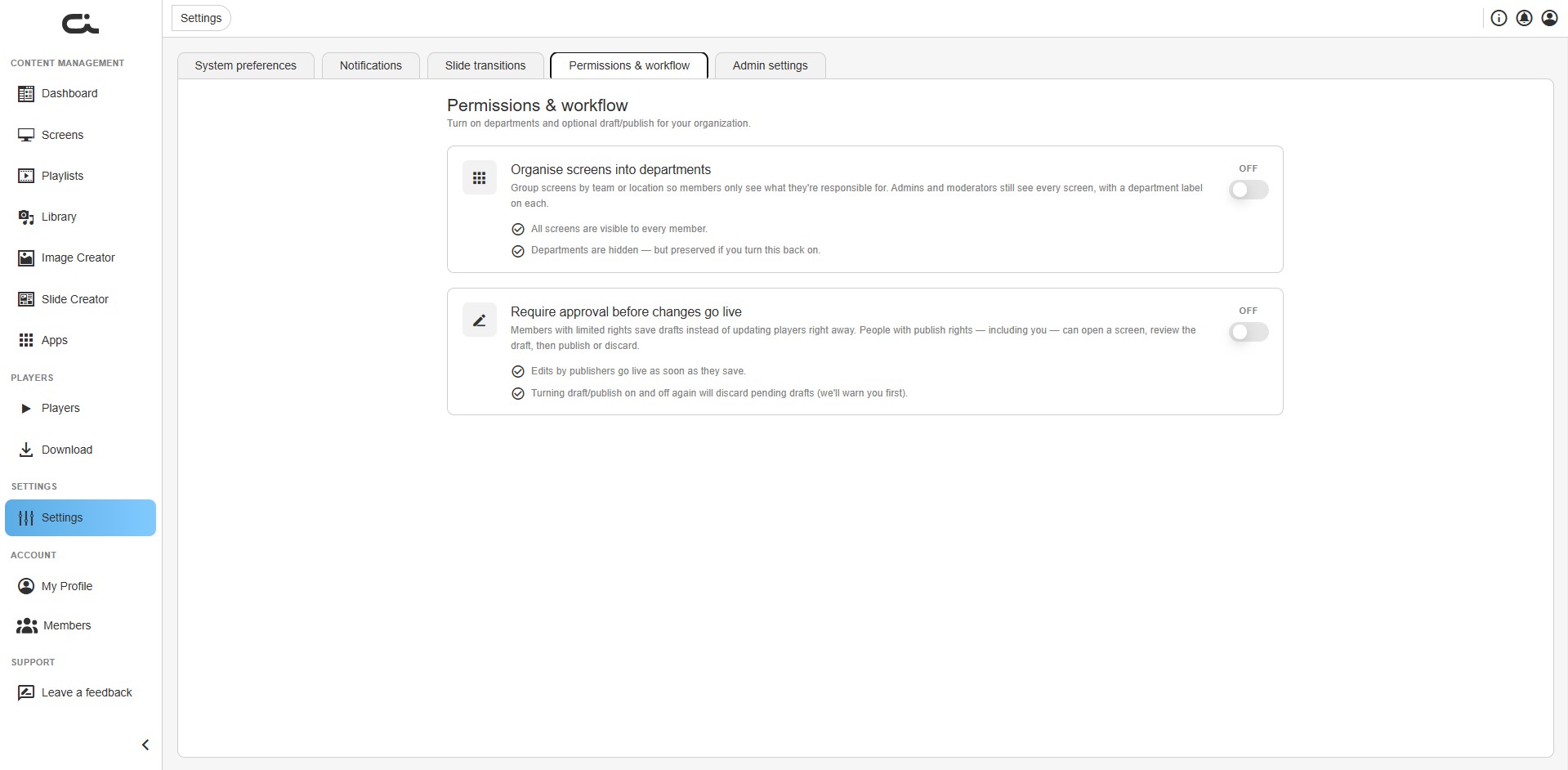 Permissions & workflow tab with the two toggles