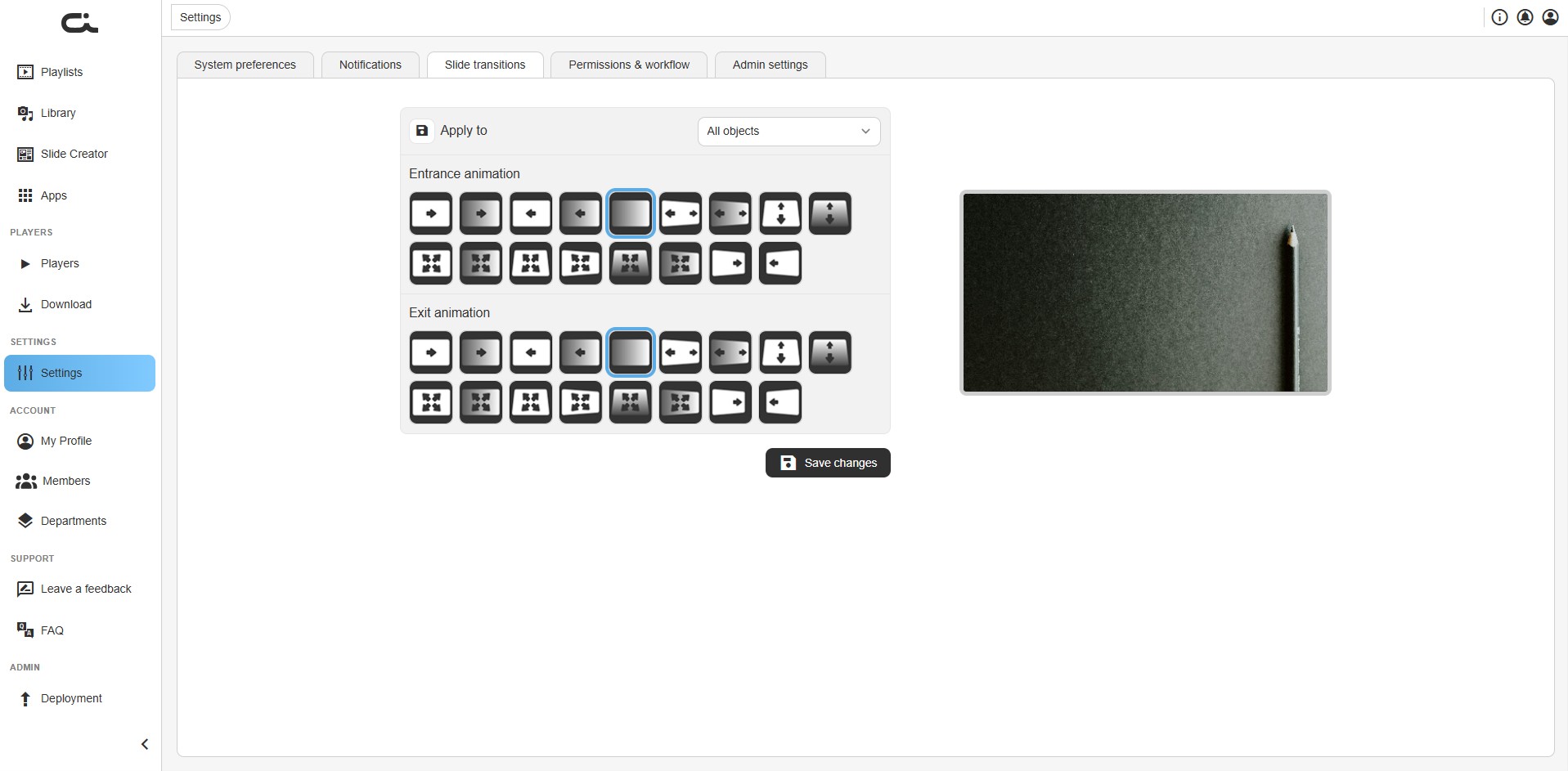 Slide transitions showing entrance and exit animation options